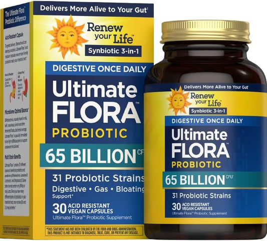 Digestive Ultimate Flora Probiotics 65 Billion CFU Delayed Release Vegan Capsules | Once Daily | Digestive Health | Immune Health | Dairy Free | 30 Count