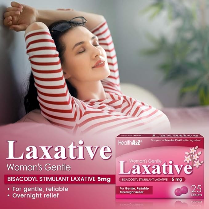 HealthA2Z® Woman's Gentle Laxative | Bisacodyl Stimulant Laxative 5mg | Constipation Relief | Gentle and Reliable | Overnight Relief (3 Pack x 25 tablest Each (75 Total))