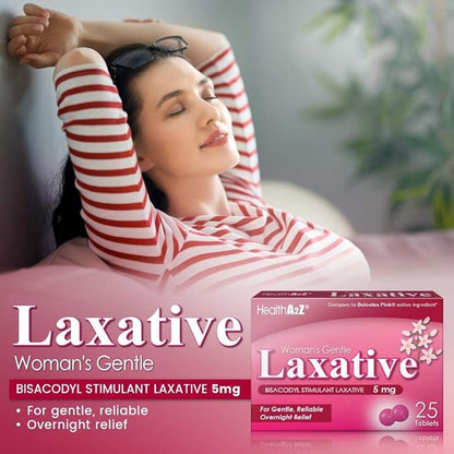 HealthA2Z® Woman's Gentle Laxative | Bisacodyl Stimulant Laxative 5mg | Constipation Relief | Gentle and Reliable | Overnight Relief (3 Pack x 25 tablest Each (75 Total))