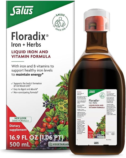 Floradix by Salus Iron & Herbs - Liquid Herbal Supplement for Energy Support* - Iron Supplement with Vitamin C & B Complex Vitamins - for Men & Women - 16.9 Fl Oz
