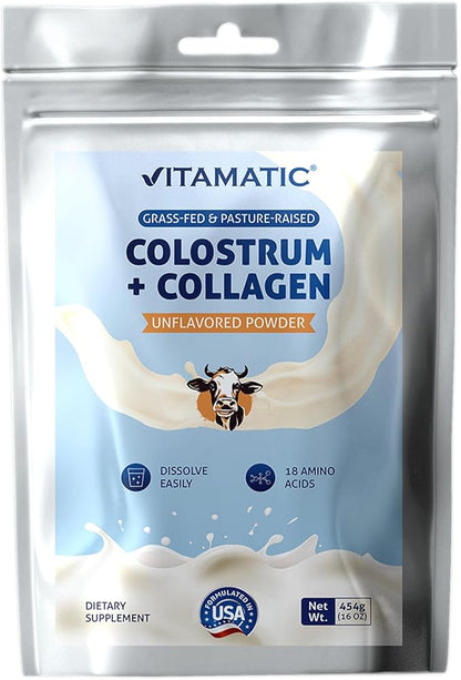 Vitamatic Bovine Colostrum + Collagen Powder - Supplement for Gut Health, Hair Growth, Beauty, Muscle Recovery, & Immune Support - Easy to Mix - Unflavored - 454 Gram, (16 oz)