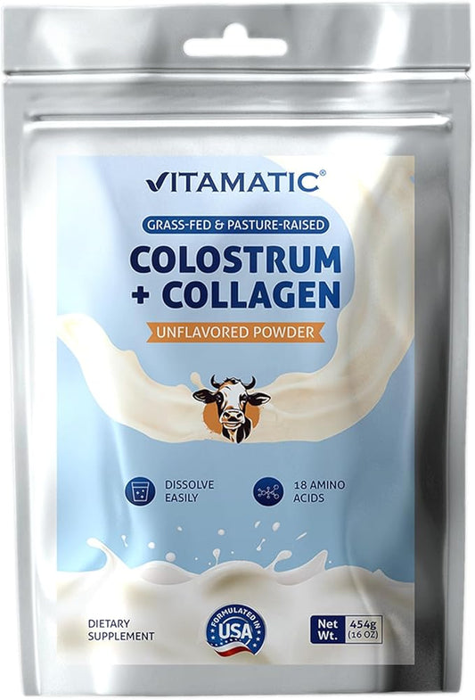 Vitamatic Bovine Colostrum + Collagen Powder - Supplement for Gut Health, Hair Growth, Beauty, Muscle Recovery, & Immune Support - Easy to Mix - Unflavored - 454 Gram, (16 oz)