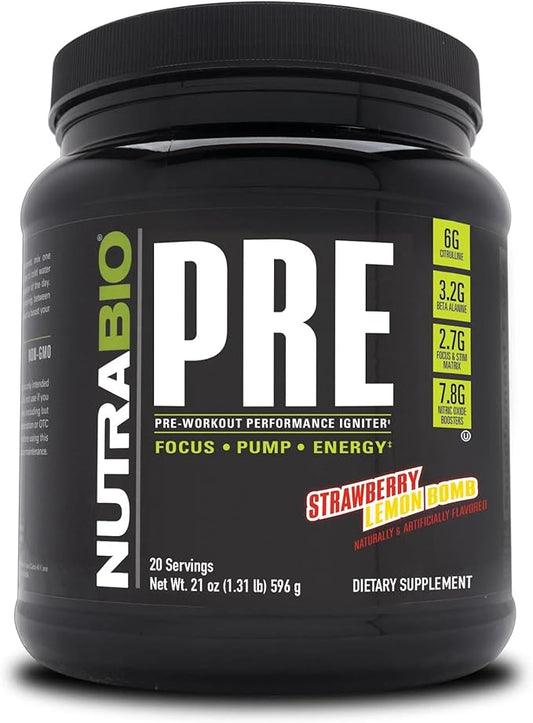NutraBio PRE Workout Powder - Old Formula- Sustained Energy, Mental Focus, Endurance - Beta Alanine, Creatine, Caffeine, Electrolytes - 20 Servings - Strawberry Lemon Bomb
