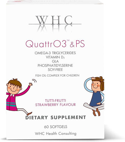 WHC, QuattrO3 & PS, Fish Oil Complex for Children, Omega-3 Triglycerides, Vitamin D3, GLA, Phosphatidylserine, Soy Free, Tutti-Frutti Strawberry Flavor, 60 Softgels