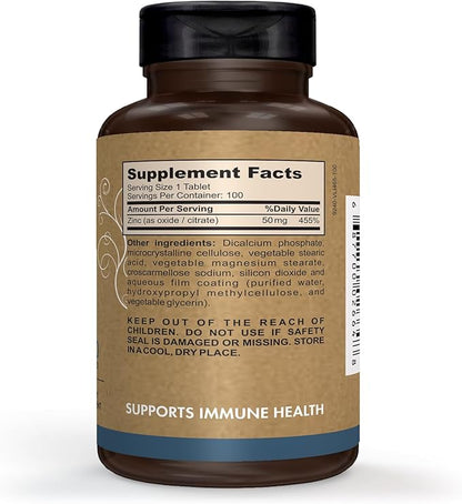Pomona Wellness Zinc Supplements For Adults, 50mg, Skin Health And Immune Support, Easy To Swallow, For Antioxidant And Overall Health, Vegan, Non-GMO, 100 Tablets