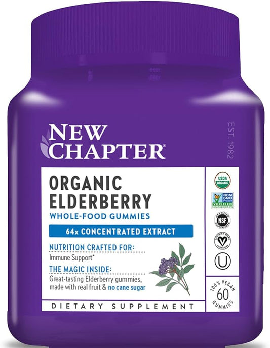 New Chapter Elderberry Gummies for Adults & Kids (2+), USDA Organic 64x Concentrated Elderberry for Immune Support, Great-Tasting Whole-Food Gummies, Vegan & Non-GMO - 60 ct