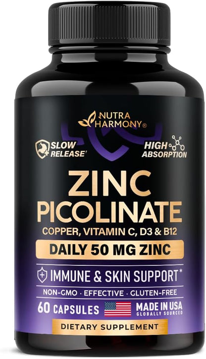 Zinc Picolinate 50mg - Zinc Supplement with Copper, Vitamin D3 & B12 - Stomach Friendly | Slow Release - Immune Support & Skin Health - High Absorption with BioPerine & Vitamin C - 60 Capsules