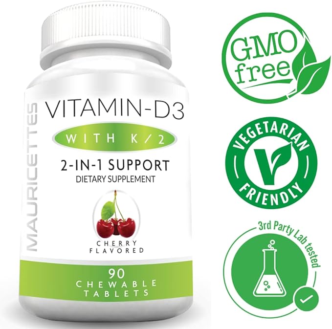 Chewable Vitamin D3 with K2 – 2-in-1 Bone & Heart Health Support – Immune Booster – Natural Cherry Flavor – 90 Tablets for Adults & Kids