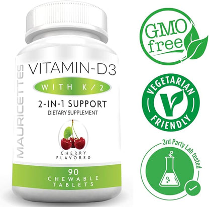 Chewable Vitamin D3 with K2 – 2-in-1 Bone & Heart Health Support – Immune Booster – Natural Cherry Flavor – 90 Tablets for Adults & Kids