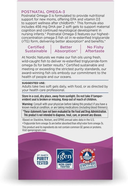 Nordic Naturals Postnatal Omega-3, Lemon - 60 Soft Gels - 1120 Total Omega-3 + 1000 IU Vitamin D3 - Formulated for New Moms; Supports Optimal Wellness, Positive Mood, Healthy Metabolism - 30 Servings
