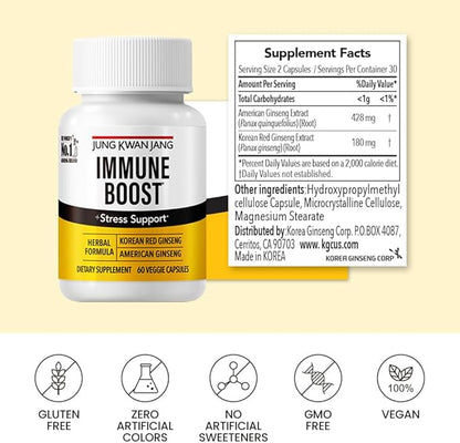 JungKwanJang Immune Boost, Adaptogen Supplement with American and Korean Ginseng Duo for Immunity, Energy, Fights Fatigue, All-Natural, Stress Support for Men and Women Parent (Immune)