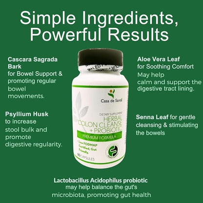 Low FODMAP Herbal Laxative Capsules GLP1 Support Natural Gentle Laxative Pills to Cleanse Colon & Support Digestive System with Probiotics, Psyllium Husk, Senna Leaf & Cascara Sagrada