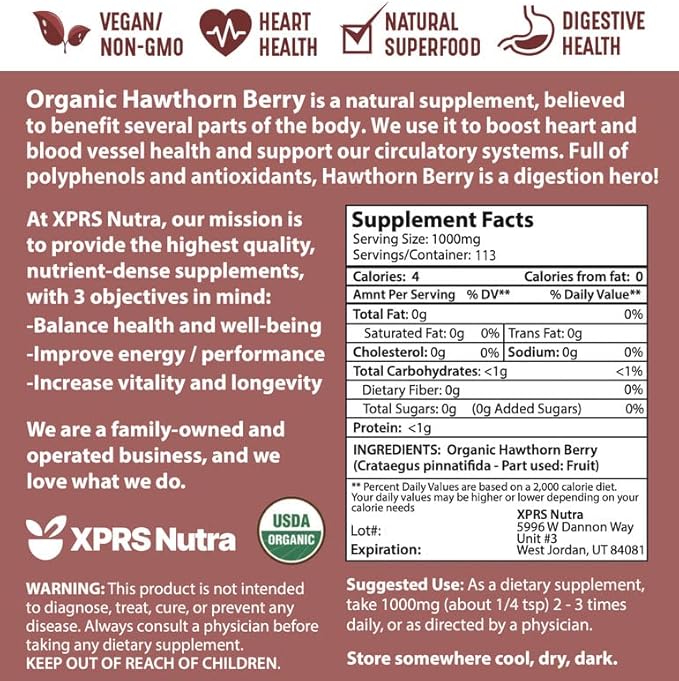 XPRS Nutra Organic Hawthorn Berry Powder - Premium USDA Organic Hawthorne Berry Powder for Cardiovascular Support - Vegan Friendly Hearth Health Supplement (4 Ounce)