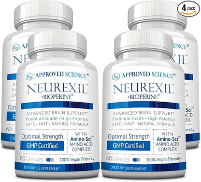 Approved Science Neurexil - Natural Nootropic Support with DMAE - Enhance Brain Function, Sharpen Clarity, Boost Memory - L-Tyrosine, Ginkgo Biloba, Huperzine A, BioPerine - 4 Month Supply