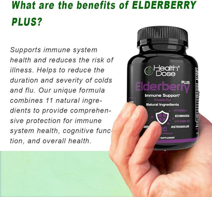 Elderberry Plus Capsules – Immune Support Supplement with Vitamins C, D3, Zinc, Selenium & 11 Ingredients for Year-Round Wellness – 120 Veggie Capsules, Pack of 3.