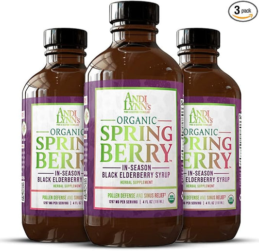 Andi Lynn’s SpringBerry, Organic Black Elderberry Syrup, Pollen Defense & Sinus Relief for Seasonal Allergies, Herbal Immune Support Supplement for Kids & Adults (3-Pack)