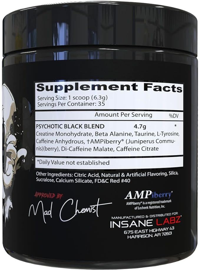 Insane Labz Psychotic Black Edition Mid Stimulant Pre Workout Powder, Energy Focus Pumps, Loaded with Creatine Beta Alanine Taurine Fueled by AMPiberry, 35 Servings (Fruit Punch)