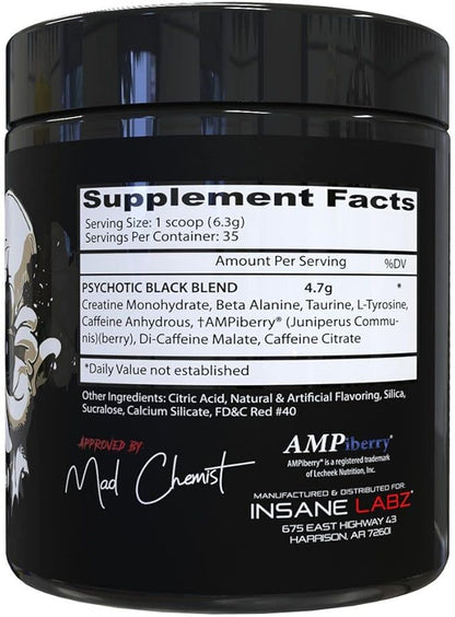 Insane Labz Psychotic Black Edition Mid Stimulant Pre Workout Powder, Energy Focus Pumps, Loaded with Creatine Beta Alanine Taurine Fueled by AMPiberry, 35 Servings (Fruit Punch)
