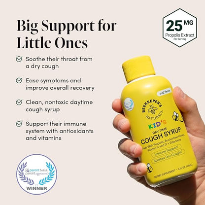 Beekeeper's Naturals Propolis Honey Cough Syrup Daytime for Kids Immune Support with Elderberry, Vitamin C, Vitamin D & Raw Honey - Throat Soothing - Gluten Free & Clean Ingredients, 4 oz.