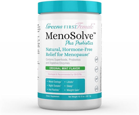 Greens First MenoSolve Plus Probiotics Powder - Natural Relief for Menopause Symptoms - Non-GMO/Dairy-Free/Soy-Free - with Red Clover Flower, Magnesium & Moringa Leaf (30 Servings)