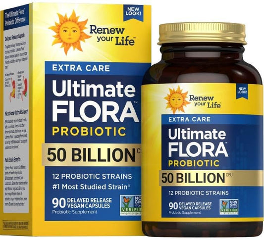 Ultimate Flora Probiotics 50 Billion CFU Delayed Release Vegan Capsules | Extra Care | Digestive Health | Immune Health | Dairy Free | 90 Count