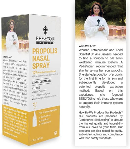 BEE and You Plus Natural Propolis Nasal Spray 1 Fl oz | Congestion Relief Drug Free & Alcohol Free, Sinus Relief, Allergy, Nasal Moisturizing Spray