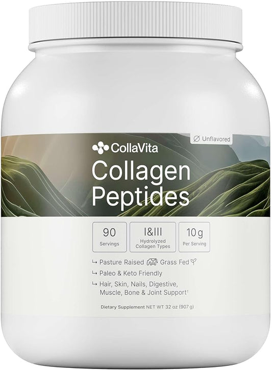 Collagen Peptides for Women & Men Grass-Fed Pasture-Raised Hydrolyzed Collagen Powder Type 1 & 3 for Skin, Hair, Nails and Joints, Non-GMO, Paleo & Keto, Unflavored, 32 Fl oz. 90 Servings