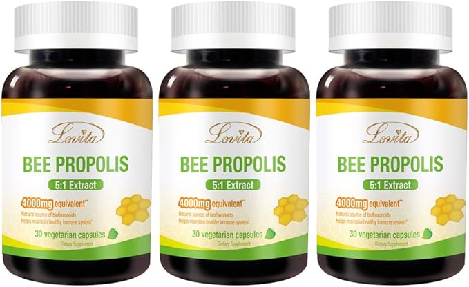 Lovita Propolis Capsule | 800mg, 5:1 Concentration | Natural Bee Propolis Extract | 30 Vegetarian Bee Propolis Capsules (Pack of 3/3 Months Supply)
