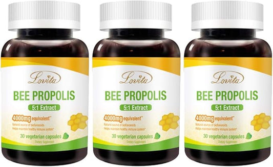 Lovita Propolis Capsule | 800mg, 5:1 Concentration | Natural Bee Propolis Extract | 30 Vegetarian Bee Propolis Capsules (Pack of 3/3 Months Supply)