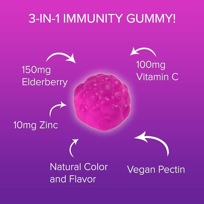 Sambucus Elderberry Gummies with Vitamin C & Zinc, Immune Support for Adults & Kids, Daily Antioxidant & Wellness Boost, 180 Vegan, Gluten-Free, Chewable Elderberry Gummies