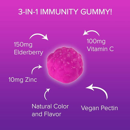 Sambucus Elderberry Gummies with Vitamin C & Zinc, Immune Support for Adults & Kids, Daily Antioxidant & Wellness Boost, 180 Vegan, Gluten-Free, Chewable Elderberry Gummies