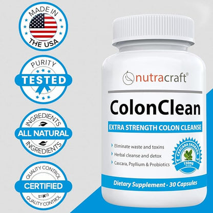 ColonClean #1 Colon Detox and Constipation Relief | Senna, Cascara Sagrada, Psyllium, MCT, Aloe and Probiotics | 30 Capsules