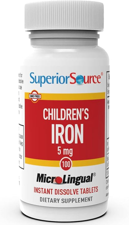 Superior Source Children?s Iron 5 mg - Ferrous Fumarate Supplement for Kids - Iron Supplement for Cell Health & Development Support - Supplement Tablets for Toddlers - 100 Instant Dissolve Tablets