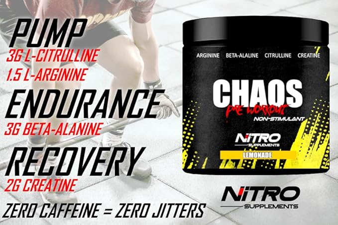 Nitro Supplements - Chaos - Non Stim Pre-Workout (30 Sevings) Beta-Alanine, L-Citrulline, Arginine, Creatine, Taurine Stim-Free Non-Stimulant (30 Servings, Lemonade)