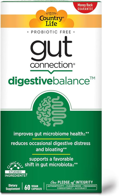 Country Life Gut Connection Digestive Balance – Prebiotic & Digestive Enzyme Supplement for Gut Health, Bloating Relief, and Improved Bowel Movements – Gluten-Free, Vegan, Non-GMO, 60 Capsules