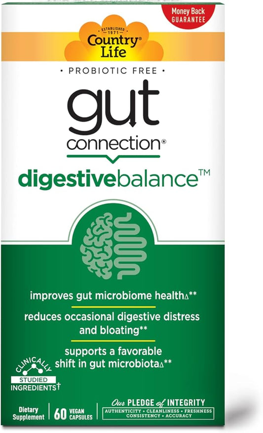 Country Life Gut Connection Digestive Balance – Prebiotic & Digestive Enzyme Supplement for Gut Health, Bloating Relief, and Improved Bowel Movements – Gluten-Free, Vegan, Non-GMO, 60 Capsules