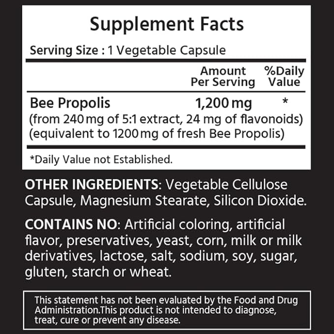 Standardized Propolis 1200 mg 180 Vegetable Capsules. Supports Immune System.
