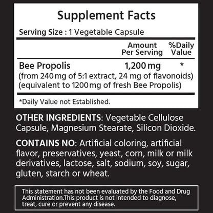 Standardized Propolis 1200 mg 180 Vegetable Capsules. Supports Immune System.