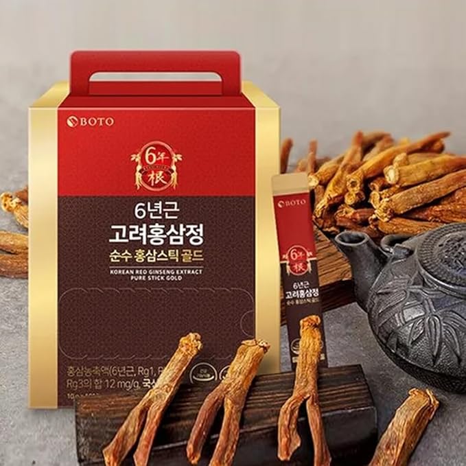 BOTO 6 Years Korean Red Ginseng Gold Extract Natural Energy Supplements Nitric Oxide Brain Natural Immune Support Liquid Portable Sticks 30 Sachet for 1 Month