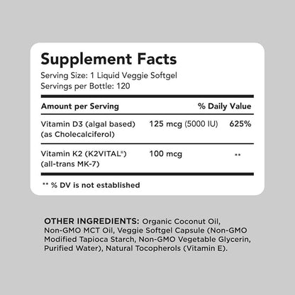 Vegan Powerhouse Combo. Omega-3 from Algal Oil & Vitamin D3 + K2. Plant-Based 5000 iu VIT D from Algae. 100 mcg All-Trans MK-7 Vita K. Carrageenan Free Veggie Softgels.
