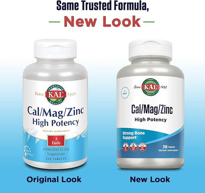 KAL Cal/Mag/Zinc | 1000mg Calcium, 400mg Magnesium & 15mg Zinc | Bone, Muscle, Heart & Immune Support | 250ct, 83 Serv.