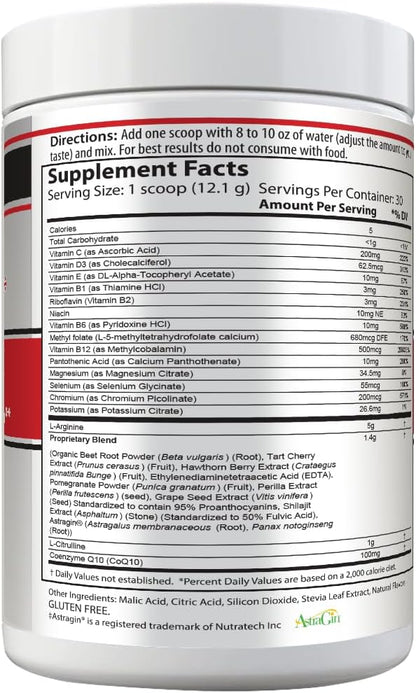 Drink Mix, Mixed Berry, L-Arginine 5000mg, L-Citrulline 1000mg, Vitamins B12, C, D3, Beet Root, 30 Servings, Nitric Oxide Support, Cardiovascular, & Energy Support Supplement
