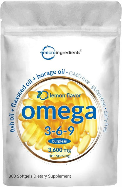 Ultra Omega 3-6-9 3600mg Perserv, 300 Burpless Softgels | Lemon Flavor – Blend of Fish, Flaxseed, Borage Oils | Bioavailable Source, Non-GMO, No Gluten, Mercury Free
