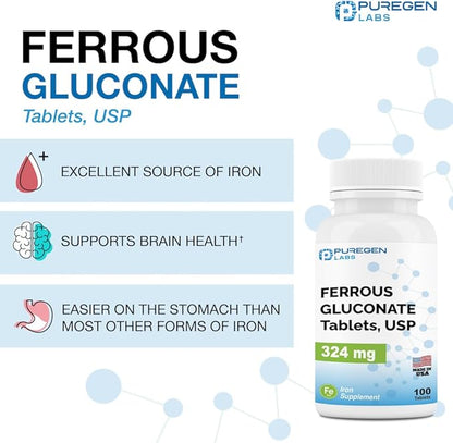 Puregen Labs Ferrous Gluconate 324 mg [High Potency] Iron Supplement, Gentle on Stomach | 3 Pack - 300 Tablets Total
