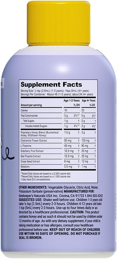 Beekeeper's Naturals Propolis Honey Cough Syrup Nighttime for Kids Immune Support with Propolis, Elderberry & Raw Honey - Sleep Support with Chamomile & L-Theanine - Gluten Free, 4 oz.