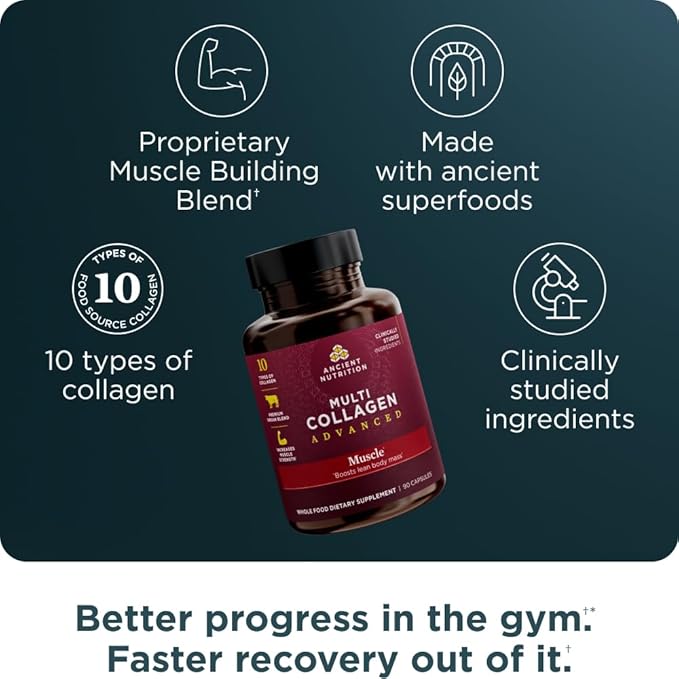 Ancient Nutrition Multi Collagen Advanced Capsules, Muscle, 90 Count + Multi Collagen Protein Powder, Unflavored, 45 Servings