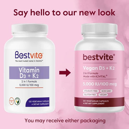 BESTVITE Vegan Vitamin D3 5000 IU + Vitamin K2 100 mcg as MK-7 (120 Vegetarian Capsules) - No Stearates - Vegan - Non GMO - Gluten Free
