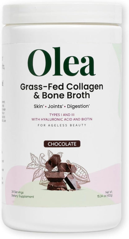 Olea Advanced Collagen & Bone Broth Powder, 10g Hydrolyzed Collagen, 5g Bone Broth, Hyaluronic Acid, MSM, Probiotics, Enzymes – Supports Skin, Hair, Nails, Joints & Gut Health, Rich Chocolate