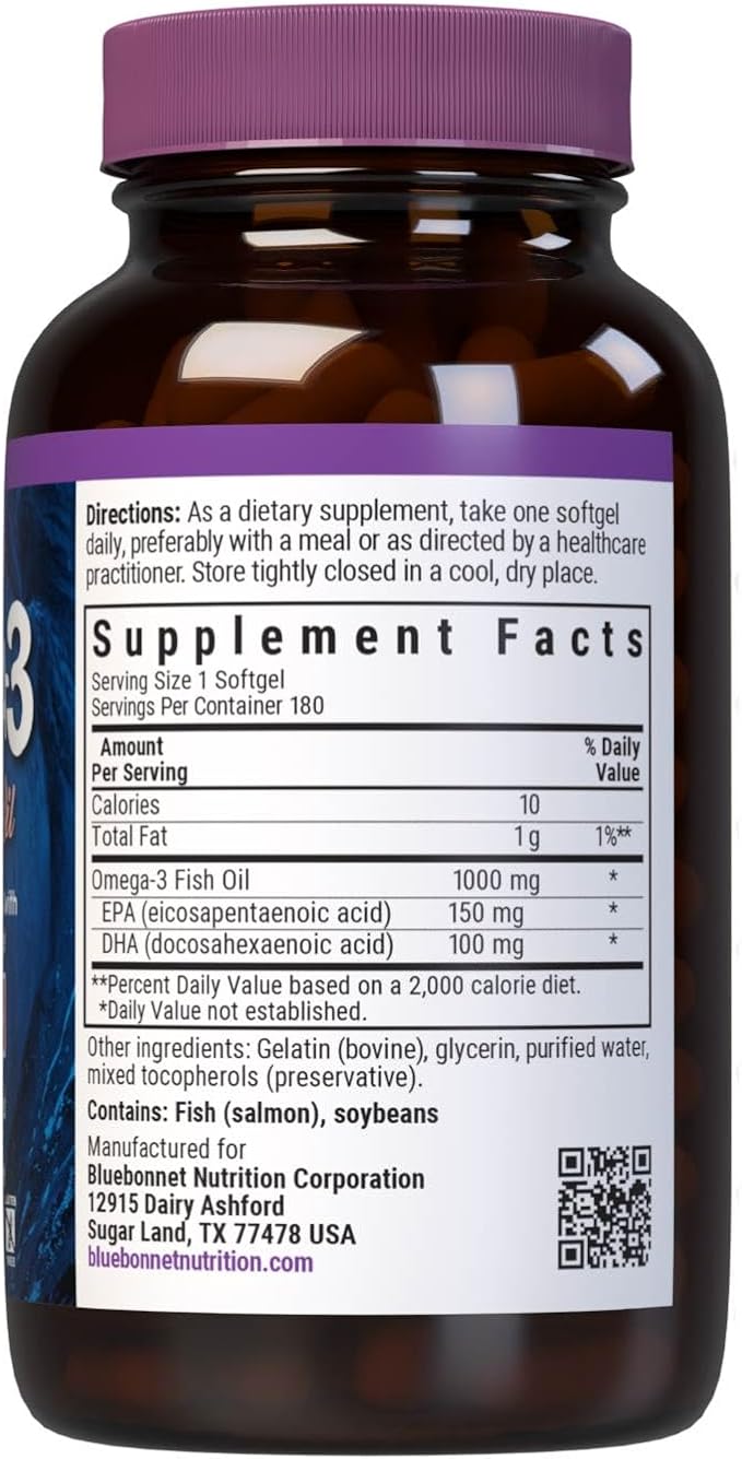 BlueBonnet Natural Omega-3 Salmon Oil Softgels, 180 Count, White