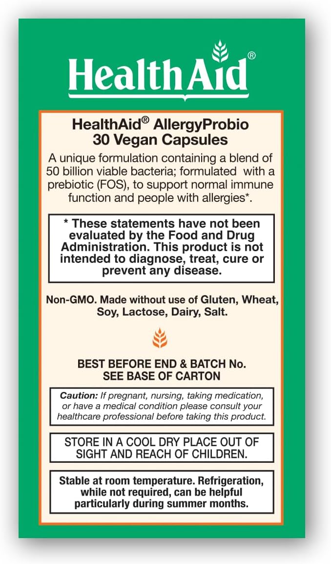 AllergyProbio, 50 Billion CFU Vegan Probiotic with Prebiotic, 30 Capsules, Once Daily Seasonal Allergy Support